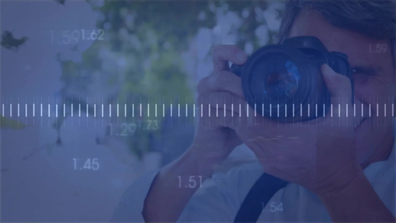 Senior man checking smartphone on walkway, featuring audio analytics waveform for technology sector