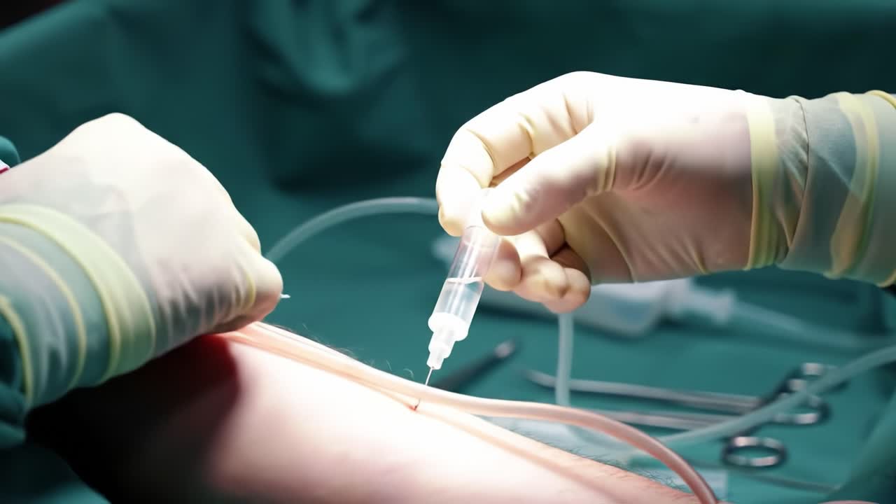 Intravenous Procedure: Medical Professional Administering Medication Through IV Catheter in a Surgical Setting with Precise Techniques and Sterile Environment