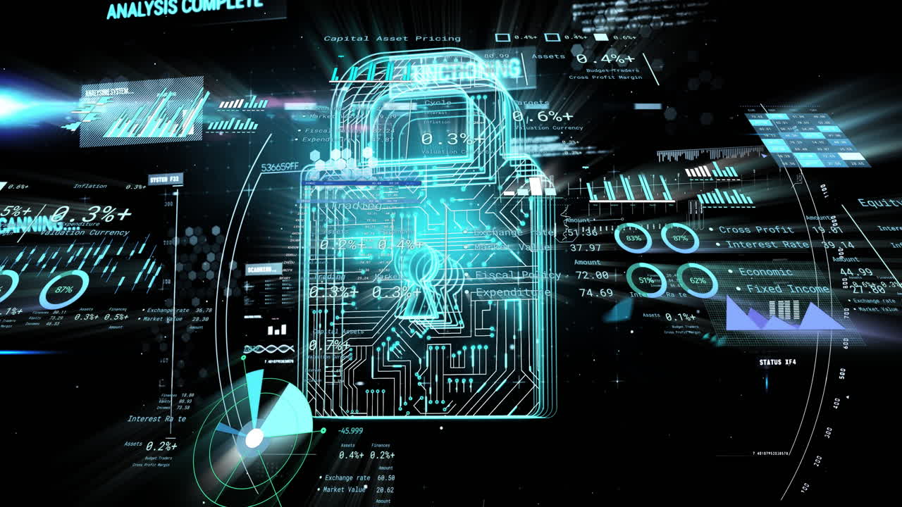 Animation of digital lock and data analytics showcasing cybersecurity in school setting