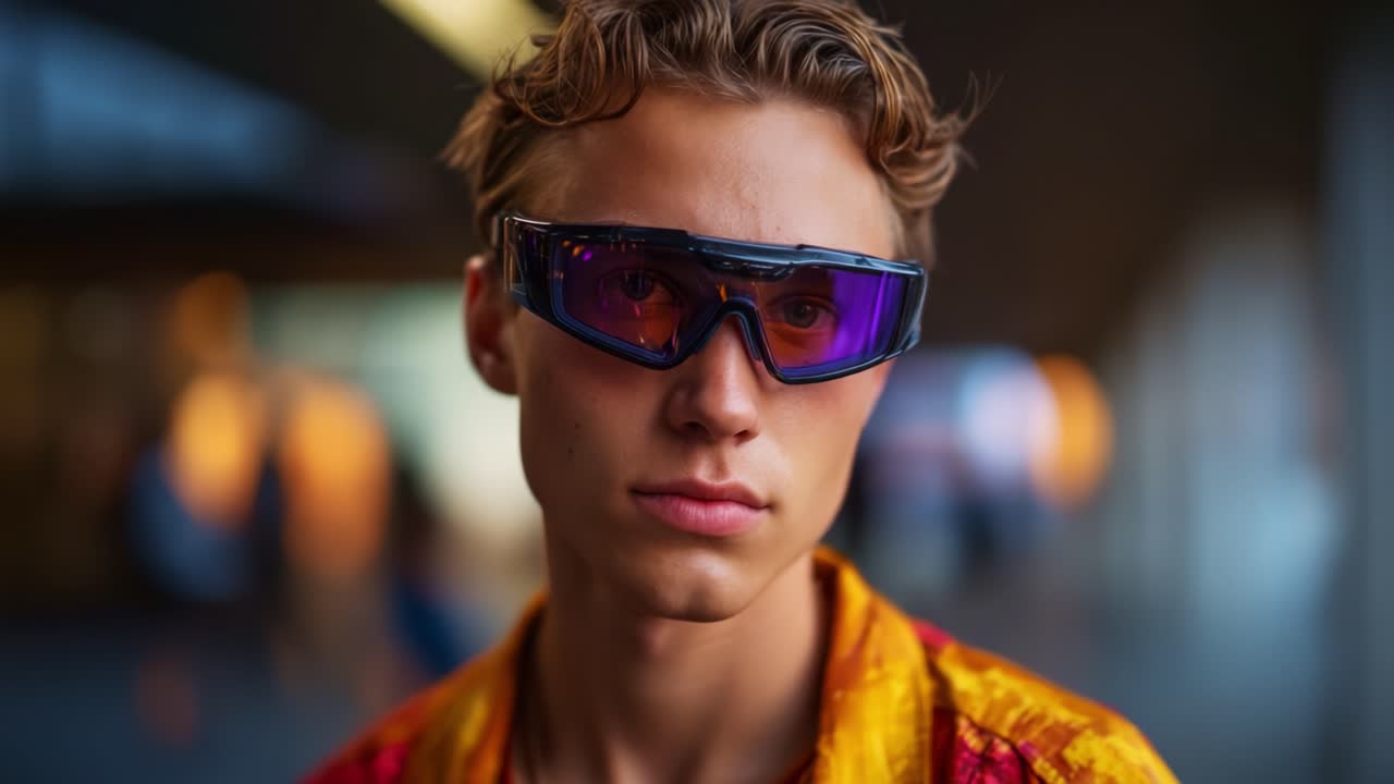 A Stylish Young Individual Wearing Trendy Sunglasses in a Vibrant Shirt, Captured in a Modern Urban Environment with Blurred Background Lights