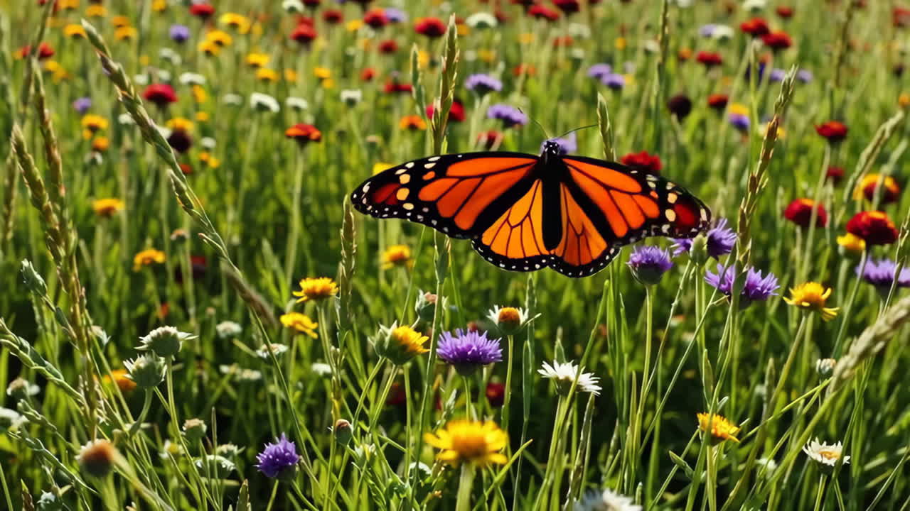 Farfalla monarca in un prato fiorito colorato