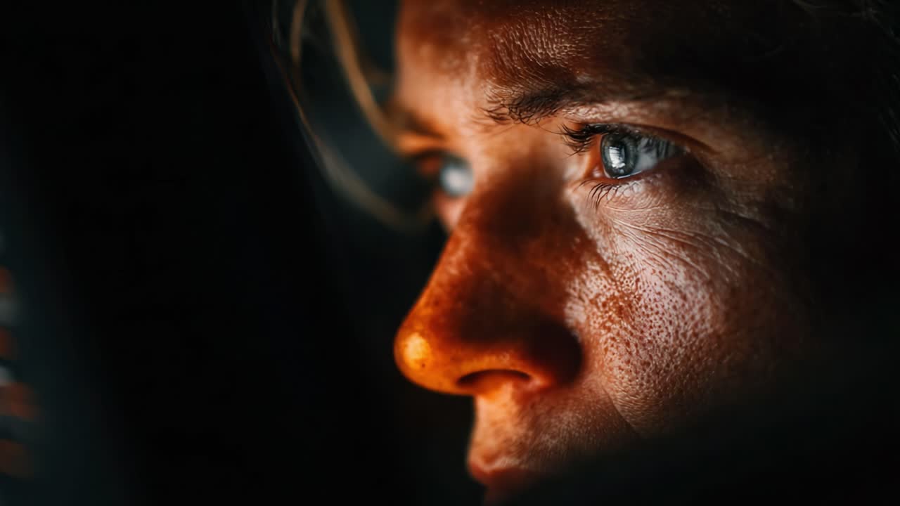Intense Close-Up of a Determined Individual with Striking Eyes and Rugged Features, Captivating Emotions Under Dramatic Lighting for a Profound Visual Experience