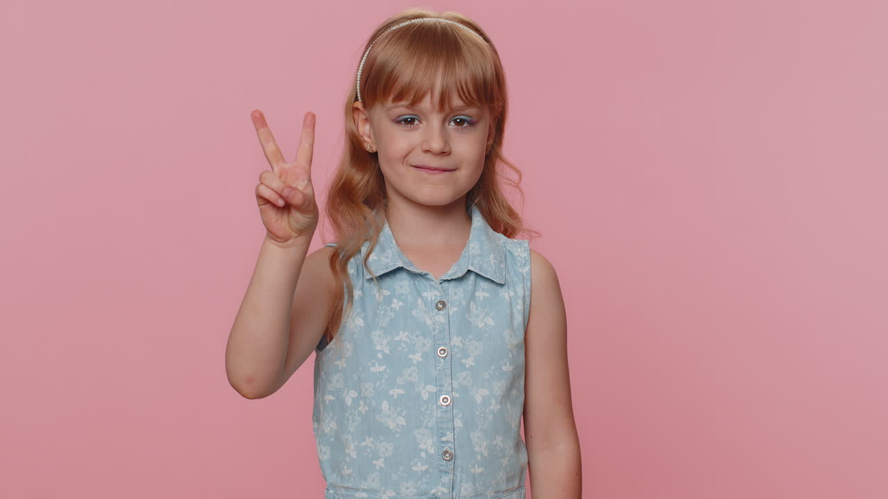 행복한 십대 전 아이 소녀 아이 승리의 표시를 보여주고, 성공과 승리를 희망하며, 평화의 제스처를합니다.