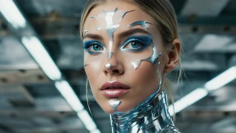 futuristic woman with metallic accents and blue eyeshadow