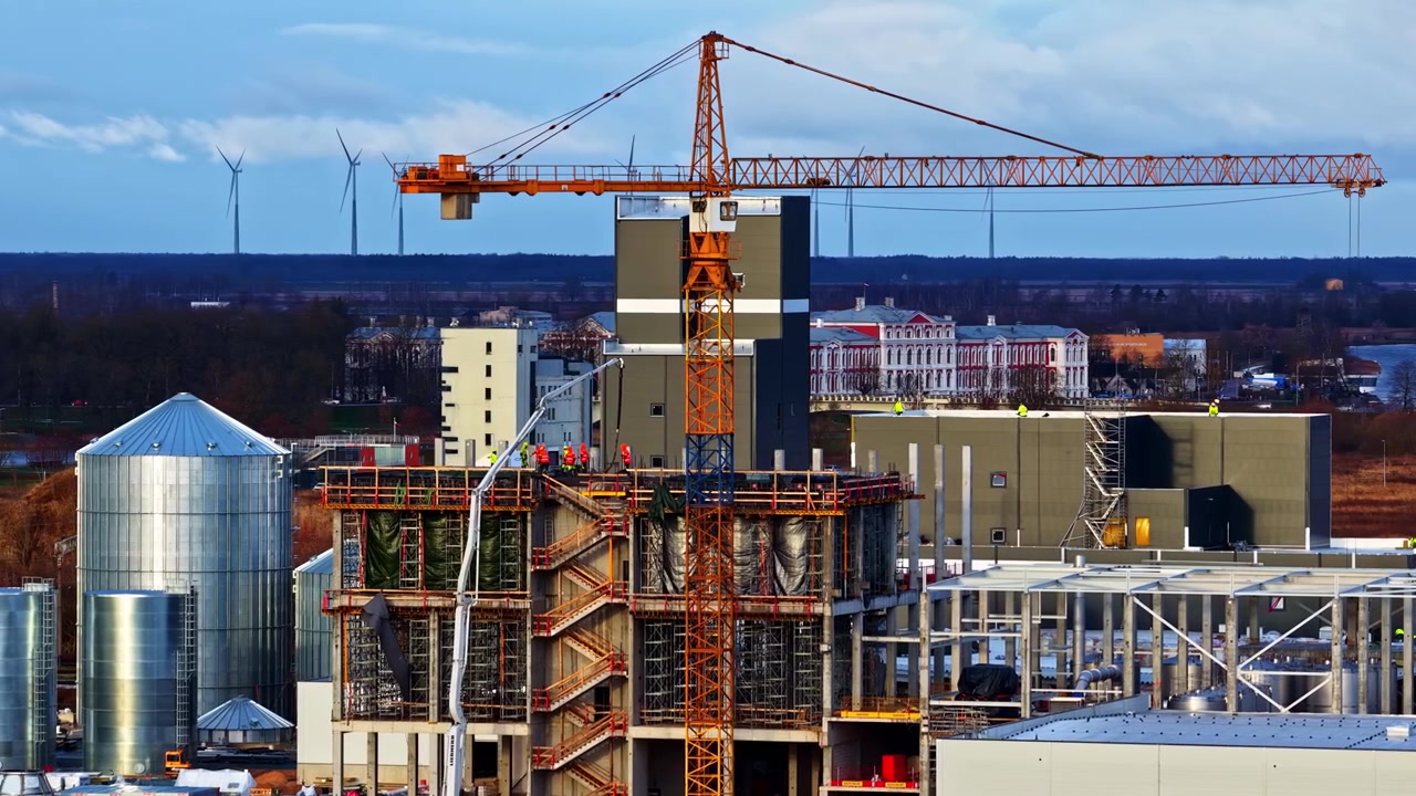 Industrial Site Project, Construction Crane Machinery, Employee High-vis Safety, Civil Engineering, Cinematic Aerial View