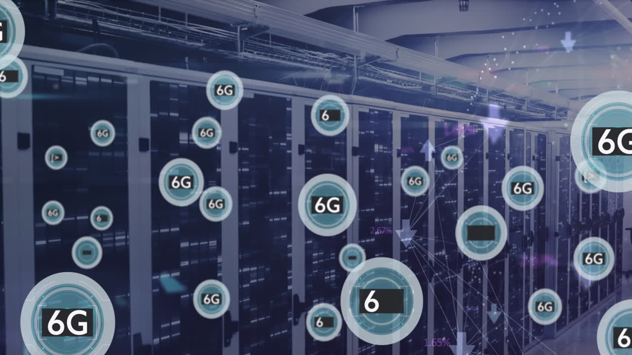 animazione di cerchi con testo 6g e caratteri speciali su sistemi di server di dati