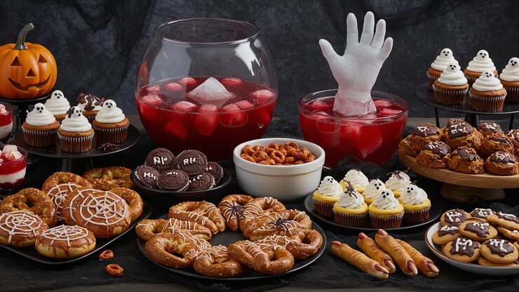 Un'esposizione spaventosamente spettacolare di dolcetti di Halloween con cupcake, cookie e punch per una festa celebrativa con dolcetti macabri e decorazioni divertenti