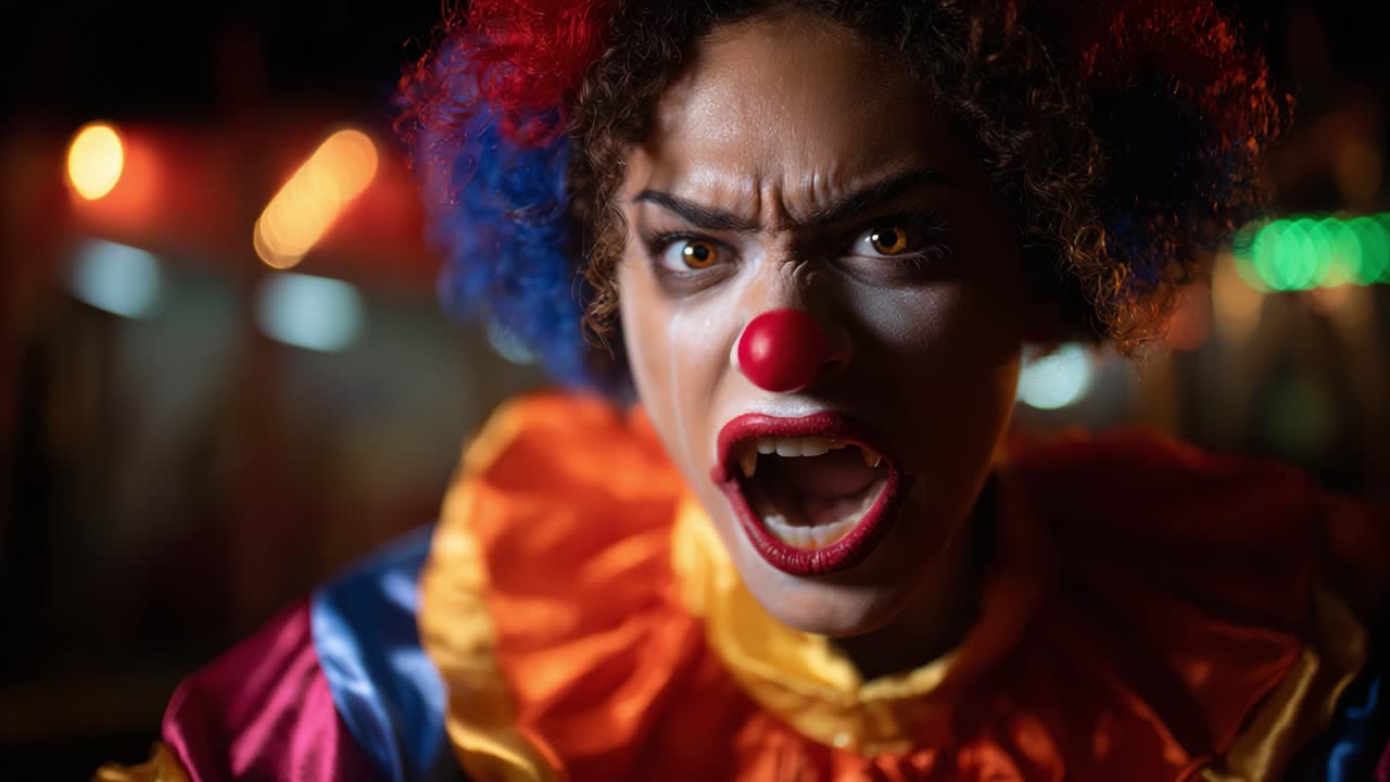 Clown feroce catturato in un'espressione intensa: momenti carichi di emozione di un clown colorato che mostra rabbia e determinazione sotto le luci intense del luna park