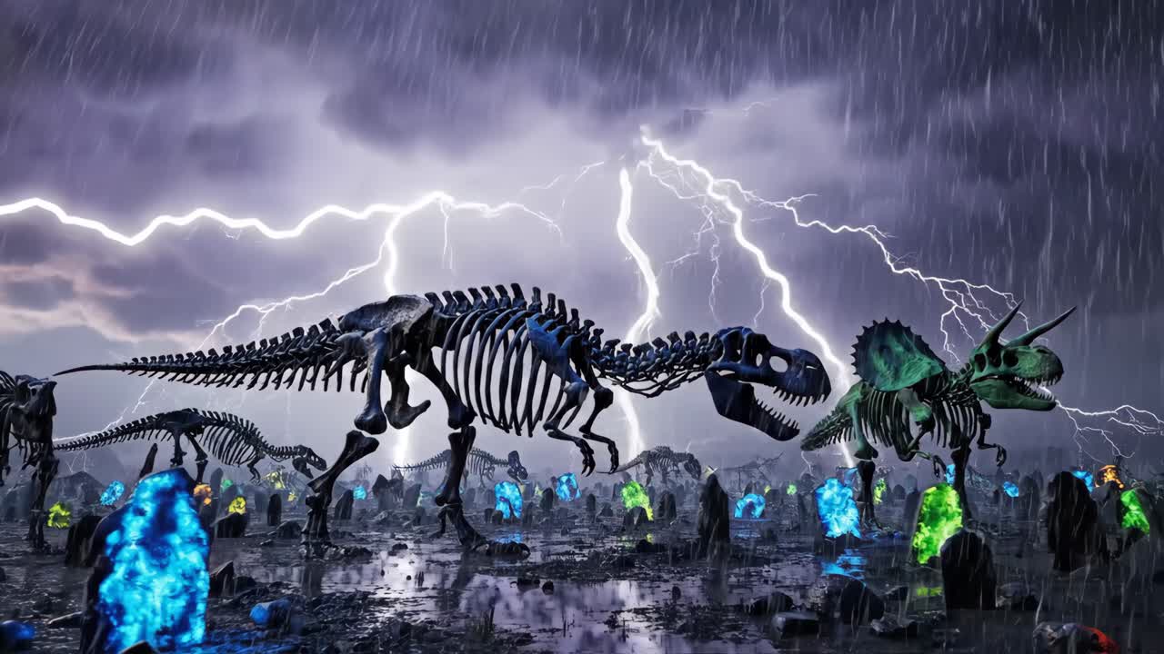 Dinosaur Skeletons in a Storm
