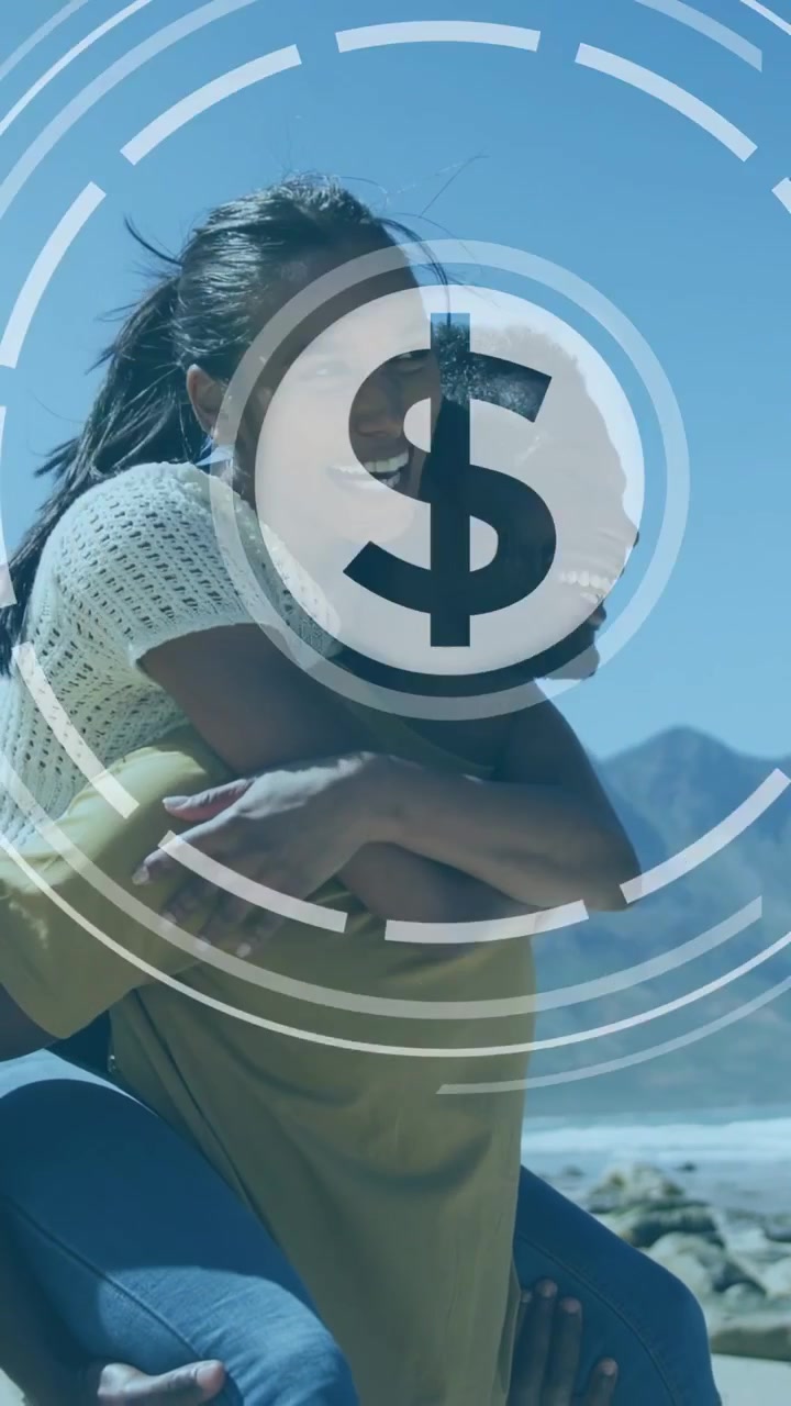 Vídeo vertical: Mulher começando um cavalinho, homem a levantando, compartilhando alegria, ícones de interface de usuário de tecnologia orbitando o casal