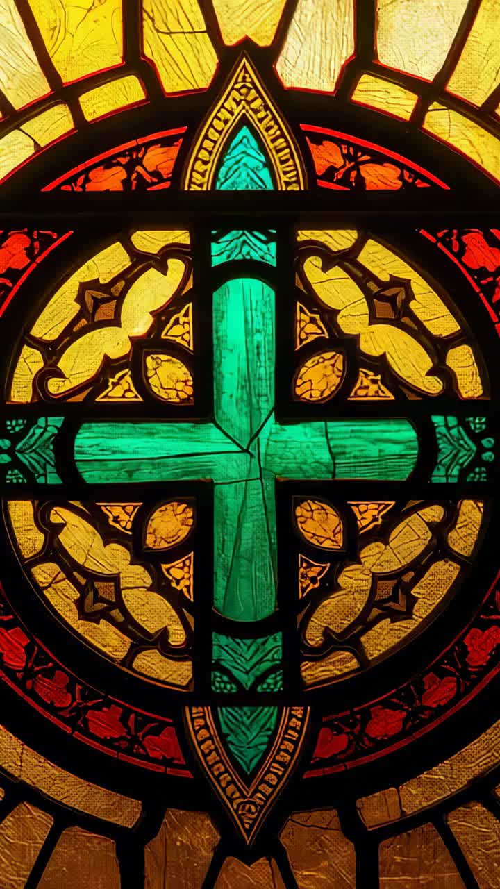 Vertical video: Shifting camera tilting upward in chapel, revealing green cross medallion and light
