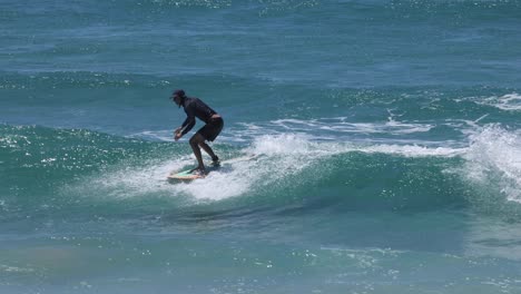 sequence of a surfer catching and riding a wave