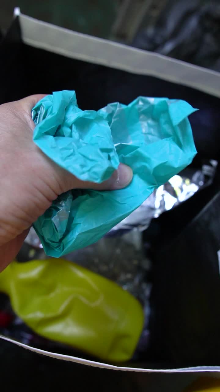 Reducing waste is demonstrated by a hand squeezing a blue plastic bag inside a dark garbage can, emphasizing individual environmental responsibility