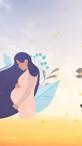 animation of illustration of butterflies flying over pregnant woman