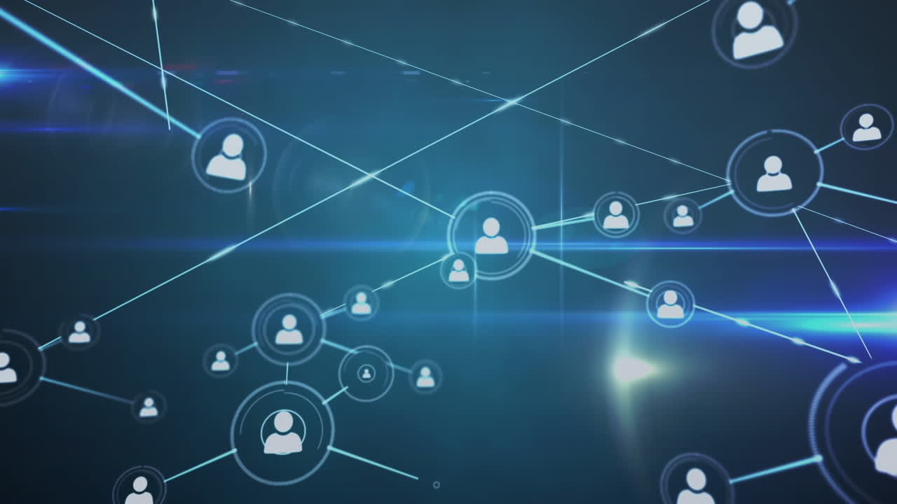 Animation of network of profile icons and blue light trails against blue background