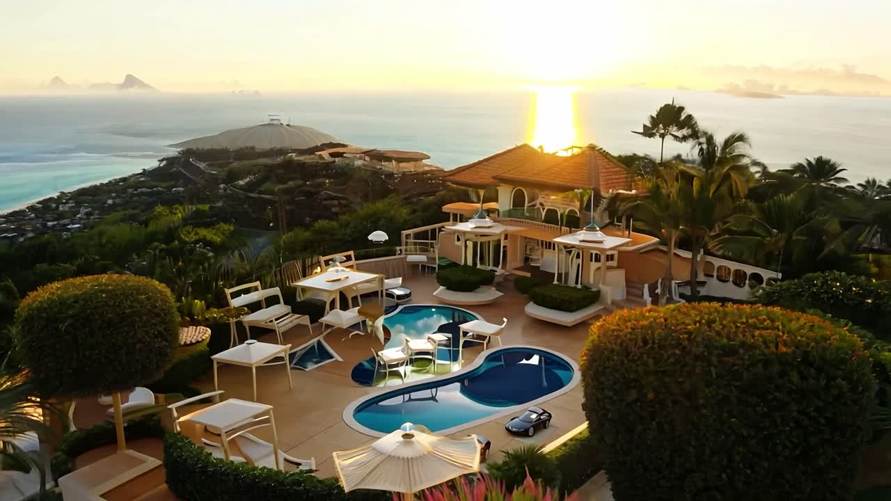 열대 휴양지 의 고급스러운 수영장 에서 반사 되는 빛 은 진정 하고 조용 한 분위기 를 조성 한다