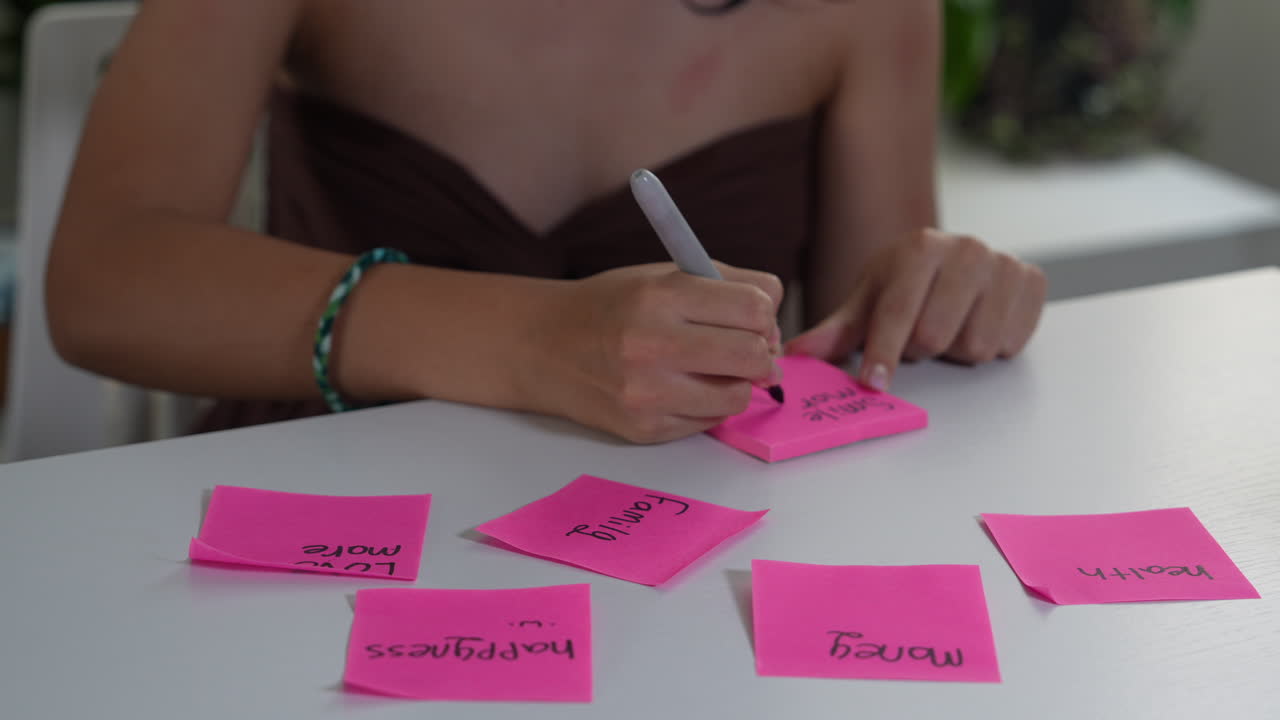 A young woman writes New Year's resolutions on pink sticky notes at a desk. Bright lighting, focus on hands, and notes. Themes of self-improvement and planning