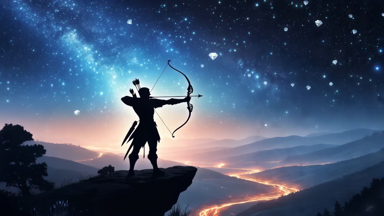 Archer on Mountain Peak at Night with Diamonds