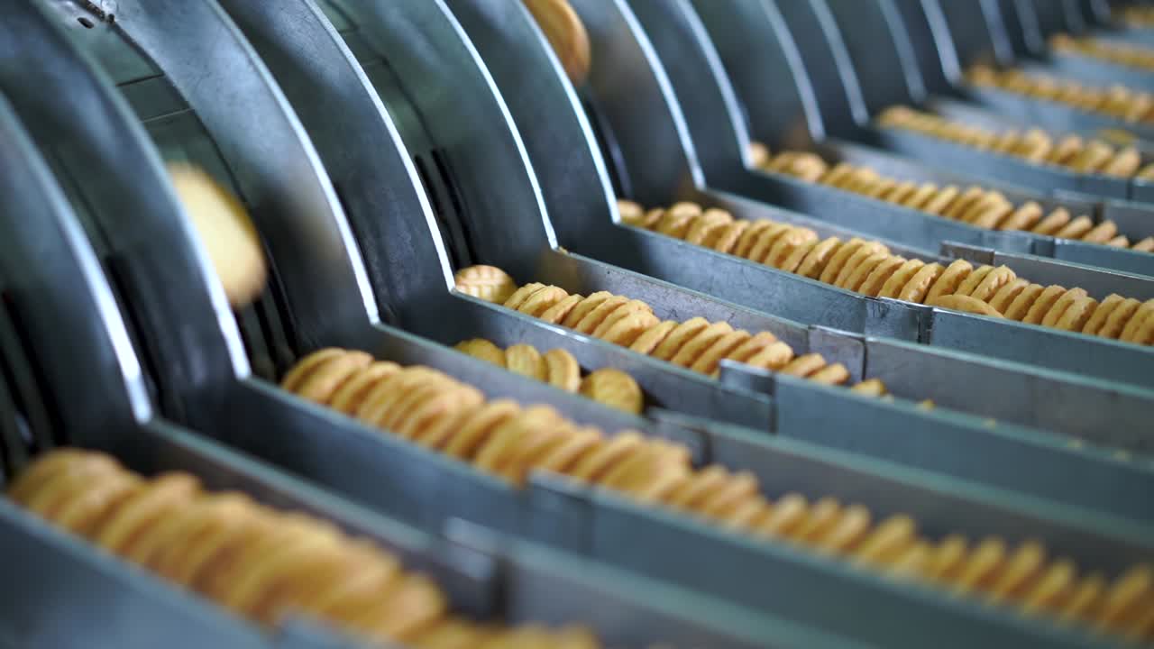 Biscuits falling into a production line of a factory