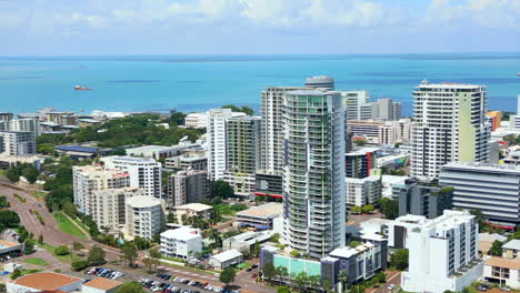 Aerial-Drone-of-Coastal-City-Skyline-Buildings-and-Ocean-in-Darwin-Australia-NT