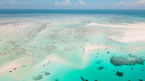 4k flying drone footage above white sandbanks coast with beautiful transparent rippled waves washing coral reefs atoll near mnemba island, tanzania