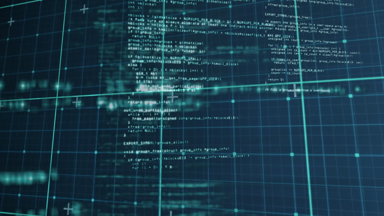 Animation of grid pattern and plus signs over computer language against abstract background