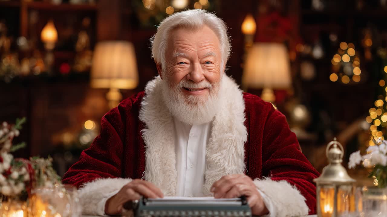A Heartwarming Holiday Scene Featuring a Jolly Santa Claus in a Cozy Setting Surrounded by Festive Decorations and Warm Lighting, Capturing the Spirit of Christmas Cheer