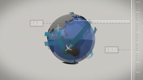 displaying stylized 3d globe rotating in layout showing flight paths with date labels and scale