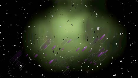 Animation-of-purple-trails-and-falling-confetti-over-dark-background