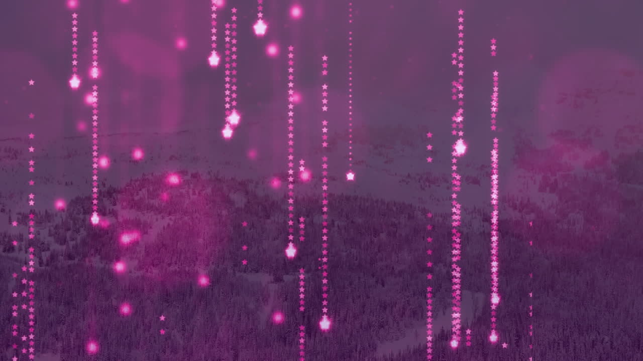 Animation of purple glowing lights falling with winter scenery in the background