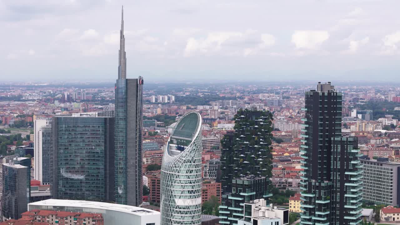 Drone view of tall buildings in Milan, Italy