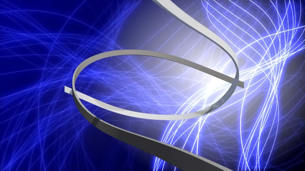 사이버 배경에  ⁇ 힌 디지털 리본과 파동하는 그리드