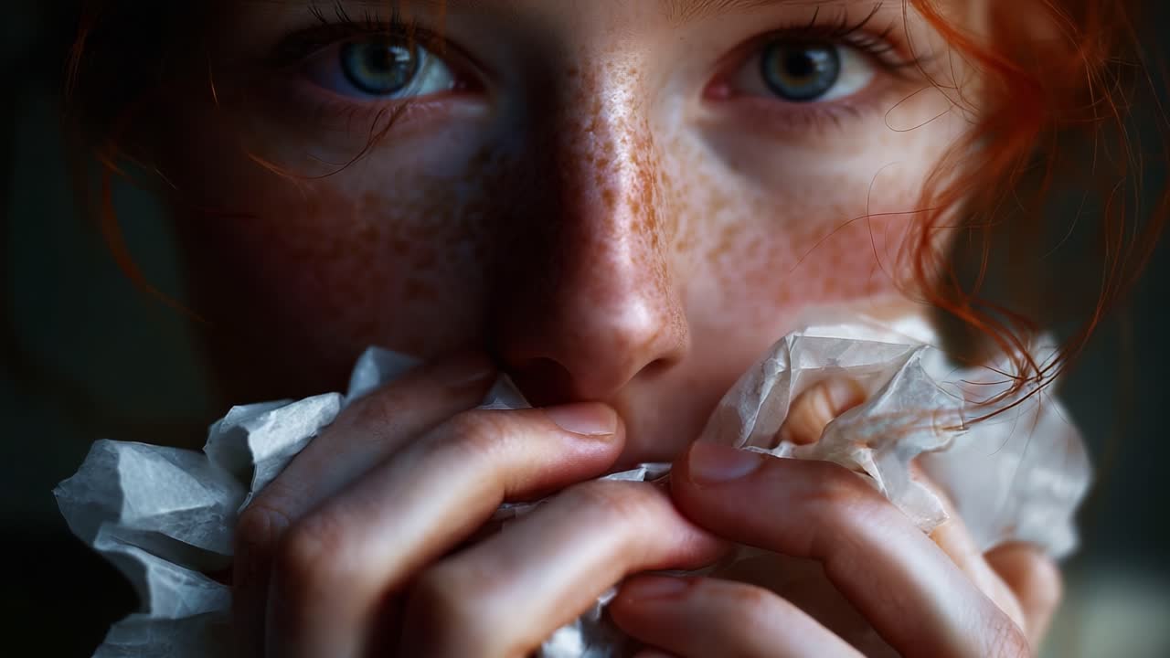 A Close-Up Portrait Highlighting a Person's Emotions, Featuring Freckles and Intense Eyes, Captured with Facial Expressions that Convey Depth and Sensitivity, Surrounded by Crumpled Paper