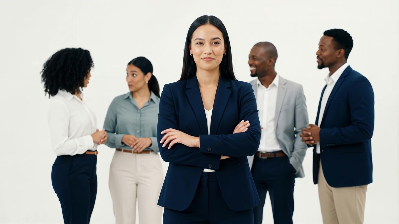 Líder feminina confiante de braços cruzados à frente da sua equipa de negócios profissional num estúdio.