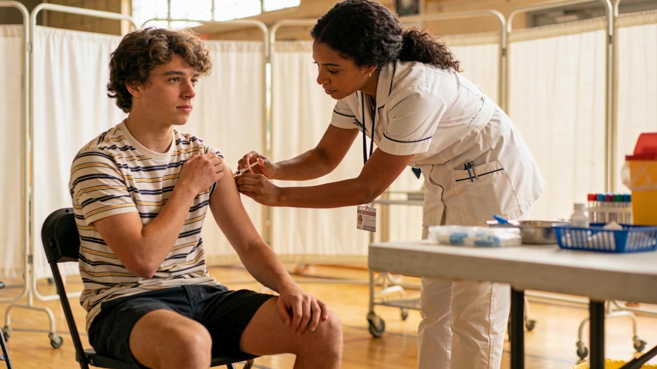 Preparing syringe nurse in scrubs inserting needle into teen arm for vaccination at gym, sharps bin