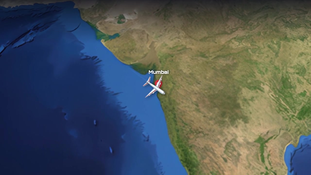 A commercial airplane flies across a realistic 3D globe from Rome to Mumbai with labels