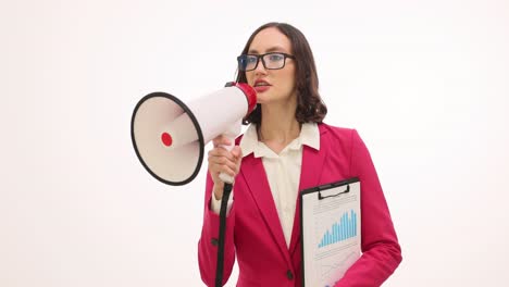 professional woman announcing with megaphone and business charts