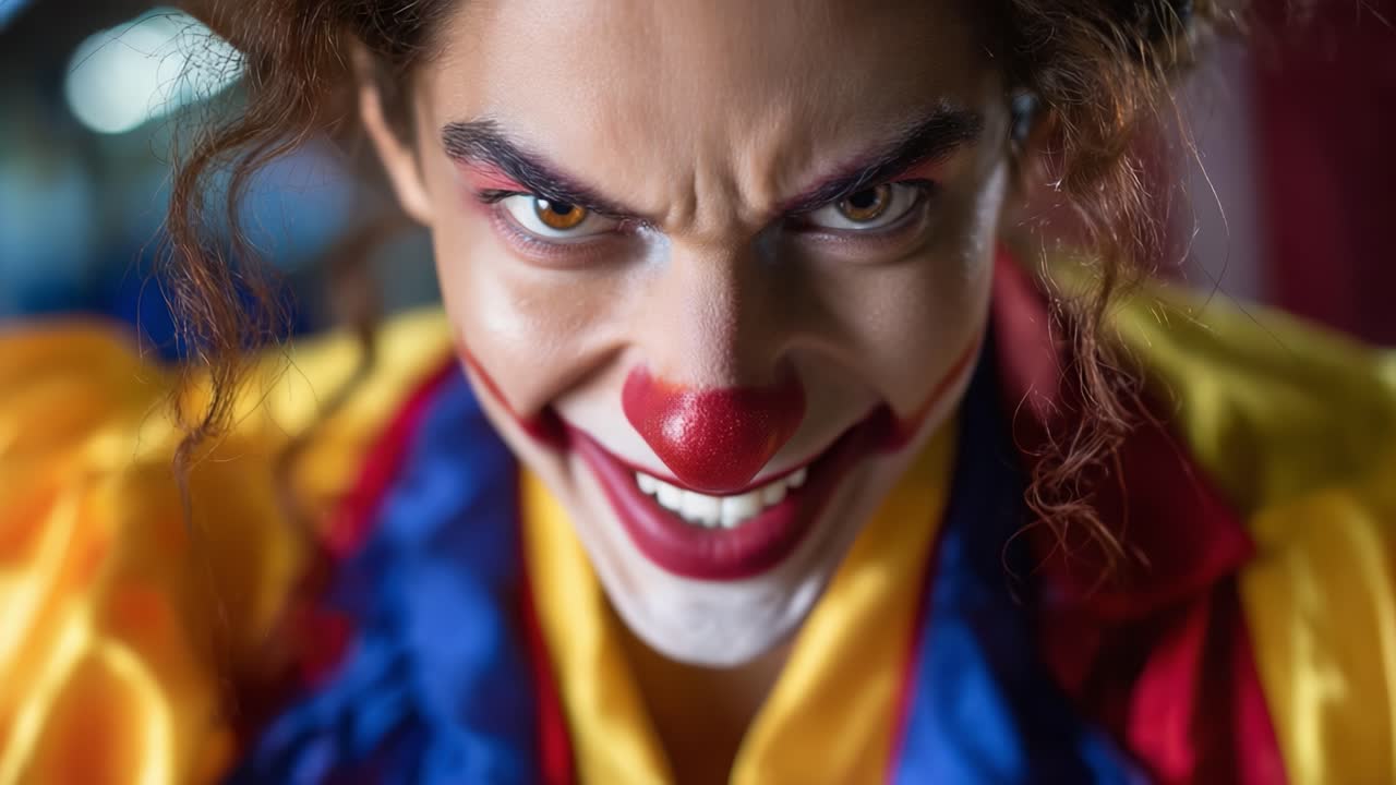 Intense Clown Portrait: A Close-Up of a Frightening Clown Expressing Dramatic Emotions with Bold Makeup and a Distinctive Costume in a Captivating Shot