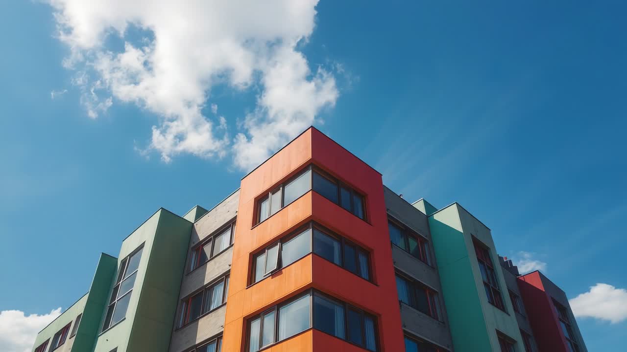 Tilting upward and zooming in camera capturing building corner at street, revealing orange panel