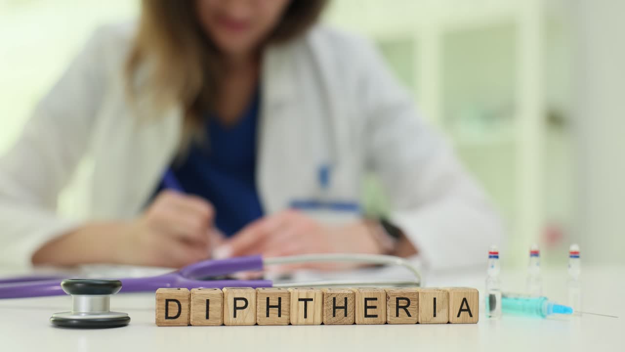 La parola "Difterite" su blocchi di legno con un medico al lavoro.