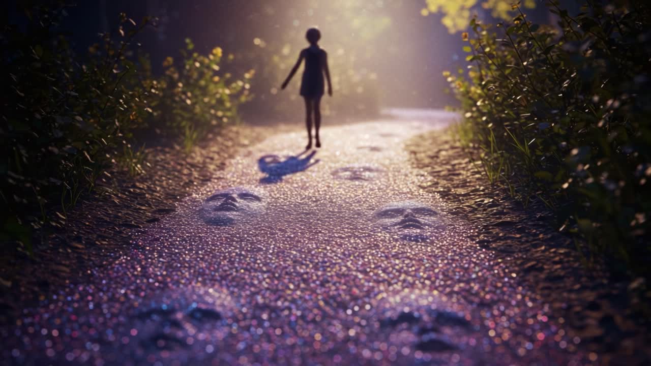 A Mystical Child Strolls Through a Dreamlike Pathway Adorned with Enigmatic Faces Reflecting Shadows in a Glittering Environment Surrounded by Nature