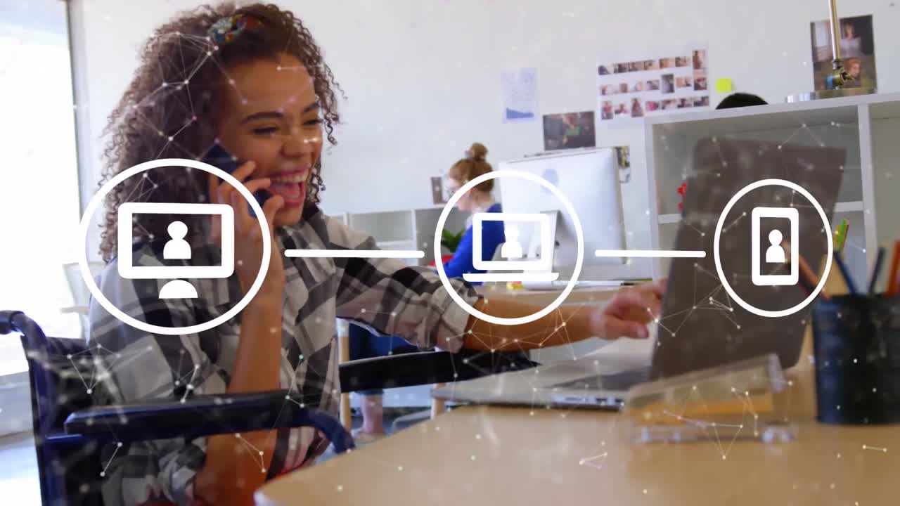 Animation of connections with icons over biracial businesswoman in office