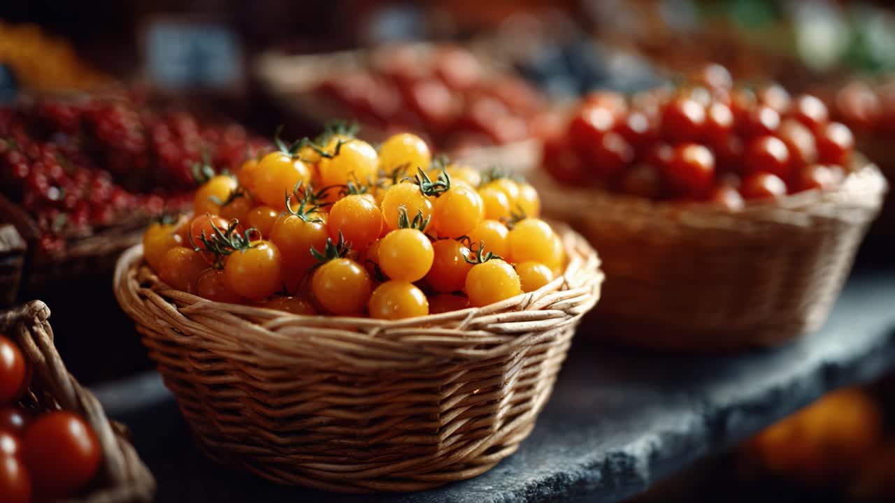 Colorful Display of Fresh Yellow Tomatoes in Baskets at a Vibrant Market, Showcasing Nature's Bounty During a Harvest Season with Other Produce in Background