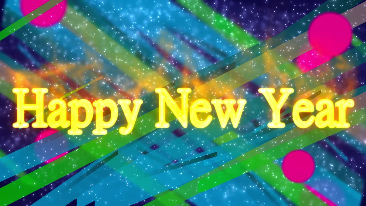 활기찬 새해 인사, 반이는 입자 및 다채로운 부피 배경과 함께 행복한 새해 텍스트, 4k 화면을위한 새해 스크린 세이버