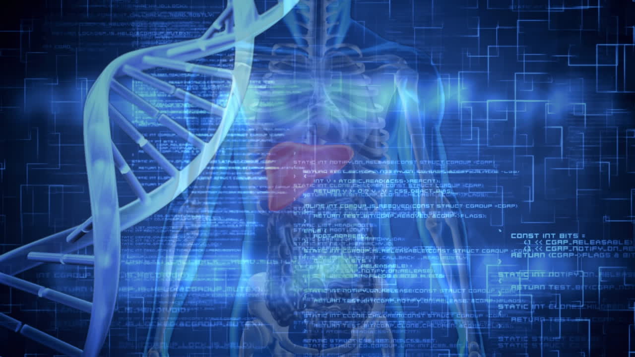 animación de hilos de adn en 3d y procesamiento de datos sobre el cuerpo humano