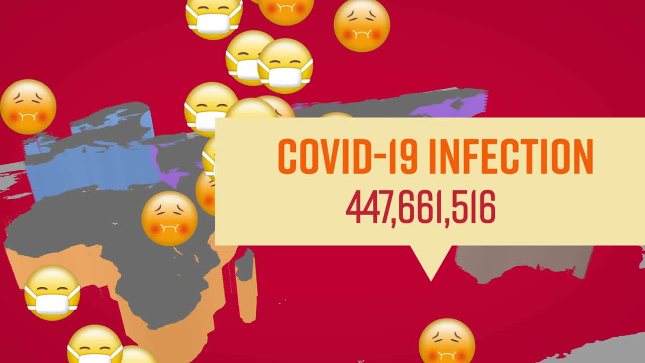 코로나19 감염이라는 단어와 함께 증가하는 숫자가 에모지 그룹 위에 쓰여져 있으며 세계 지도가 날고 있습니다.