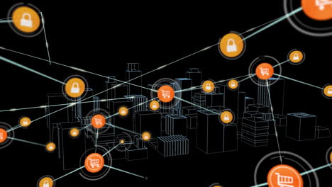 animation of network of connections with icons over 3d city drawing