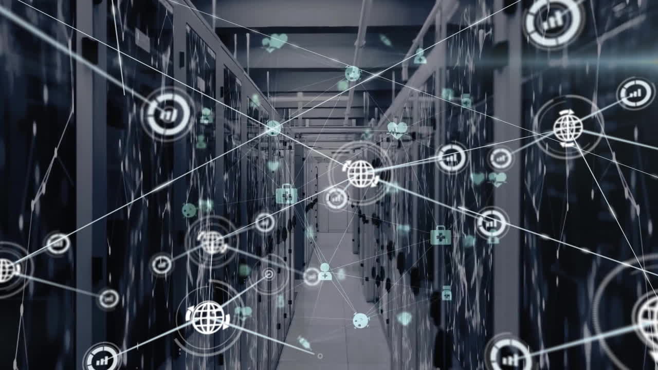 Animation of global data network over data processing and server room
