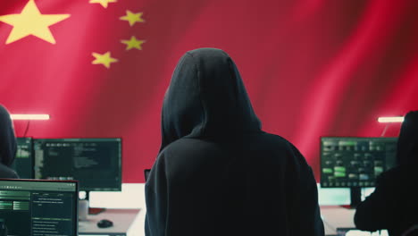 terrorist person in a chinese cyber security room hacking national systems