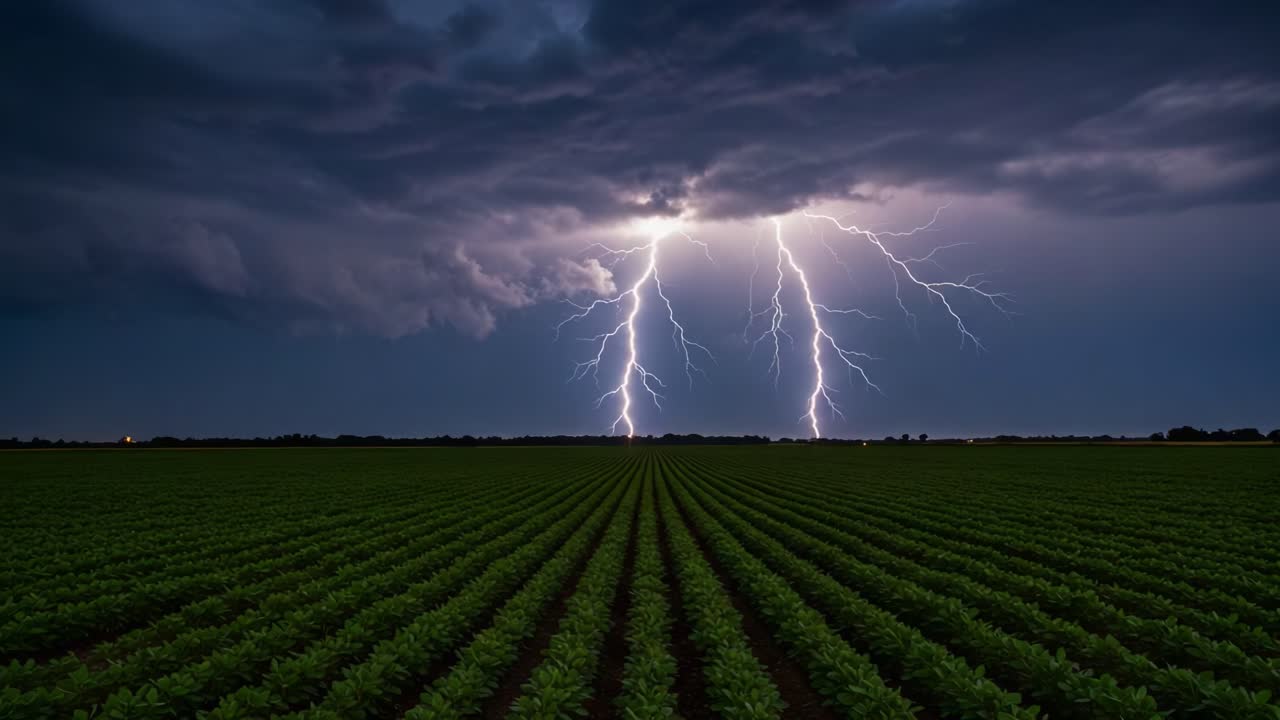 A Dramatic Thunderstorm Unfolds Over Lush Green Crops: From Mesmerizing Lightning Strikes to Calm Dark Skies